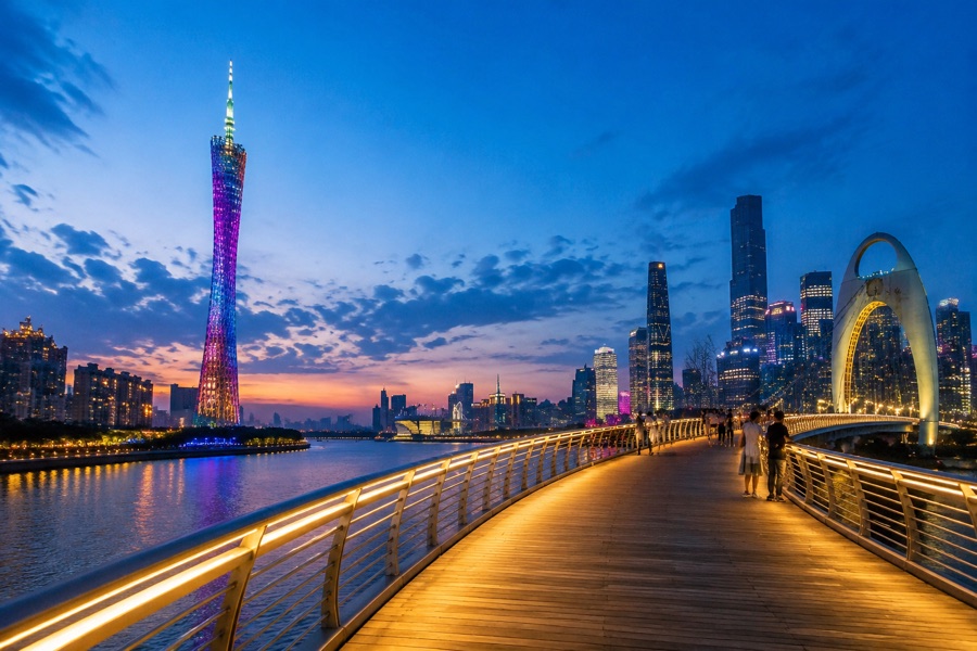 Haixin Bridge (Footbridge across Pearl River with Tower Reflection)