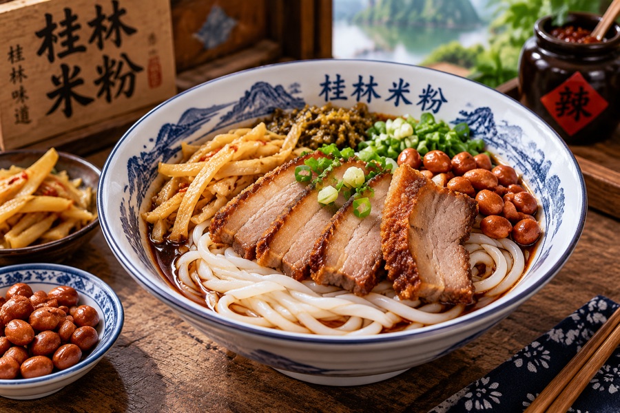 Authentic Guilin Rice Noodles with Crispy Pork (Guilin Mifen)