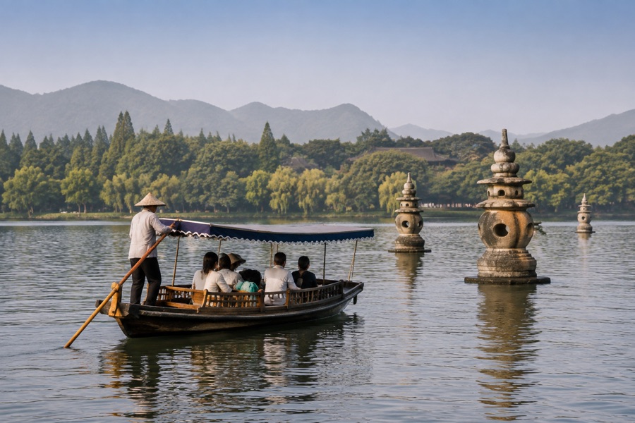 Traditional Hand-Punted Wooden Rowing Boat on West Lake