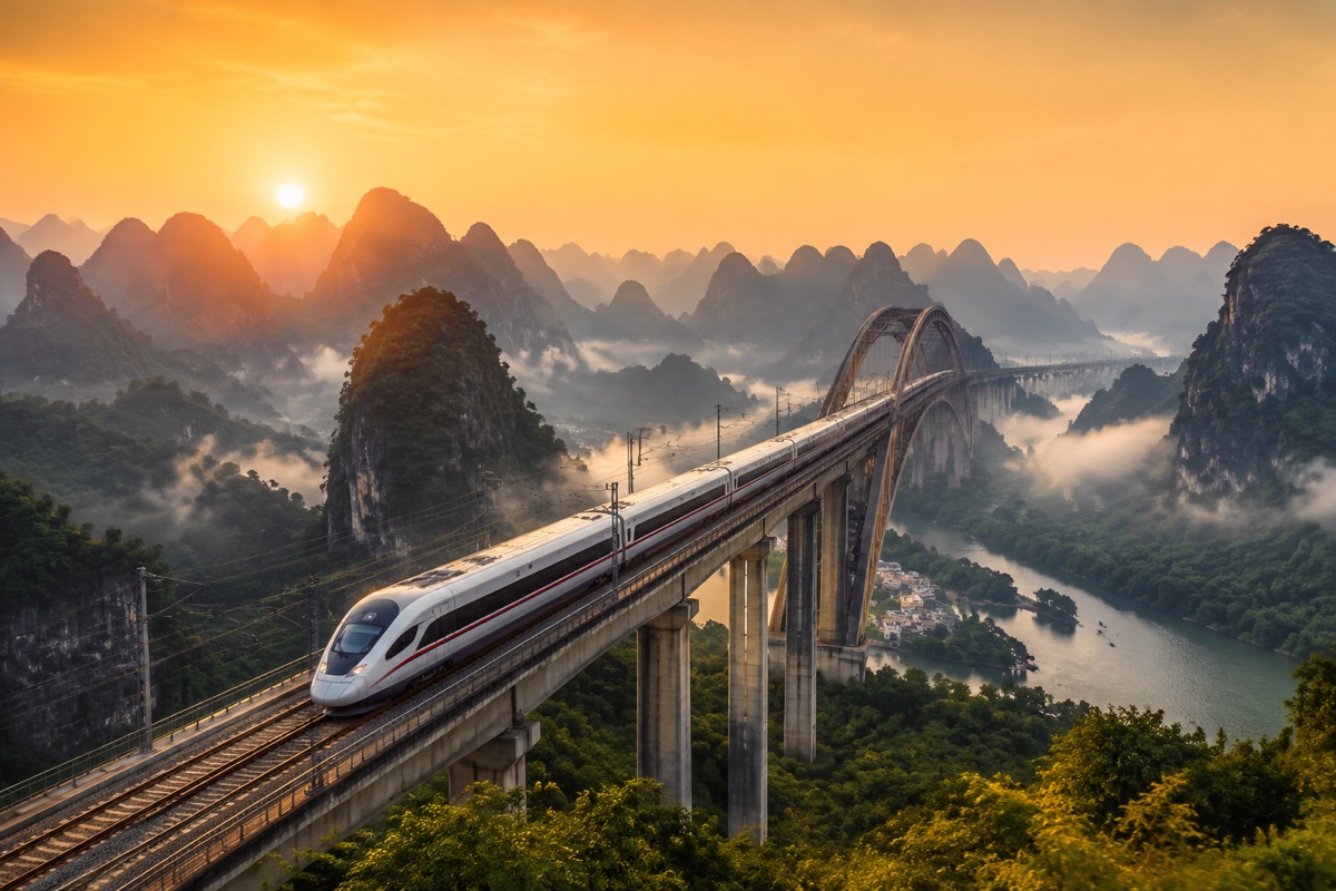 High-speed bullet train crossing landscape in China